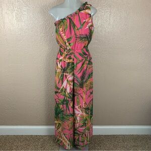 Zarr Collection One Shoulder Pink Tropical Print Pant Jumpsuit